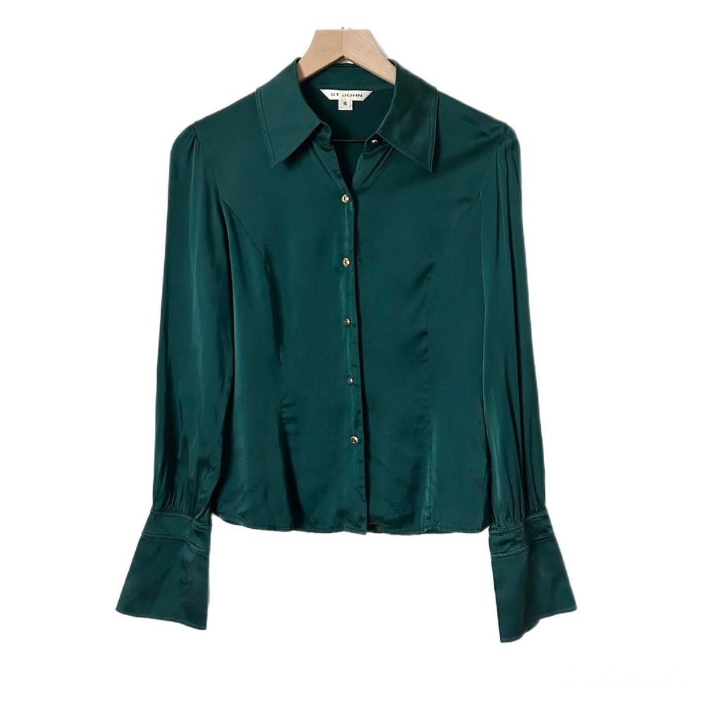 St. John Emerald Green Silk Blend Button Down Blouse Gold Hardware Size 4